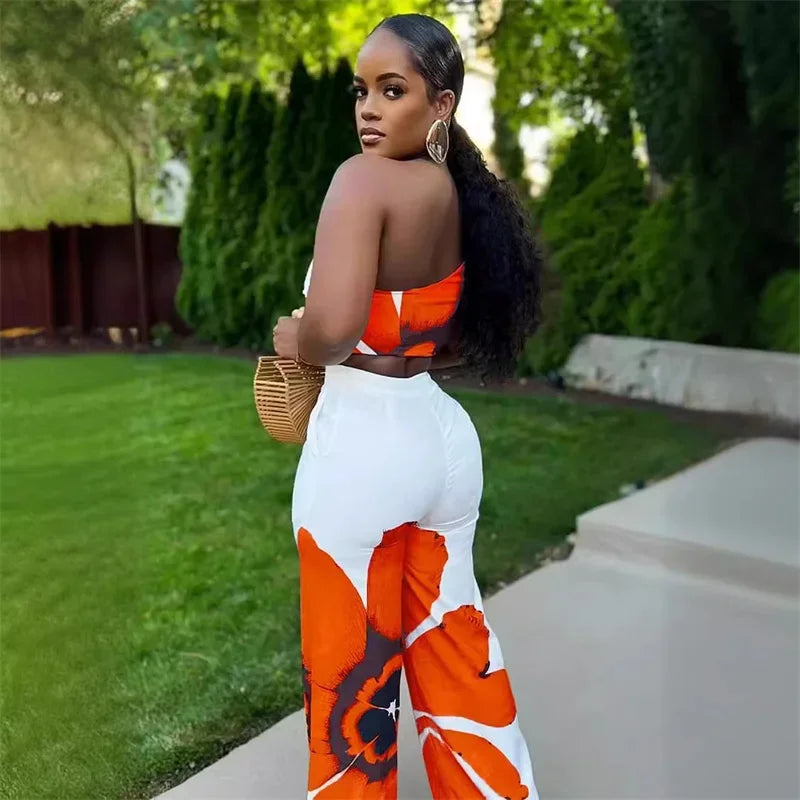 Flower Print Two Piece Set for Women One Shoulder Crop Top and Loose Wide Leg Pants Vacation Outfit