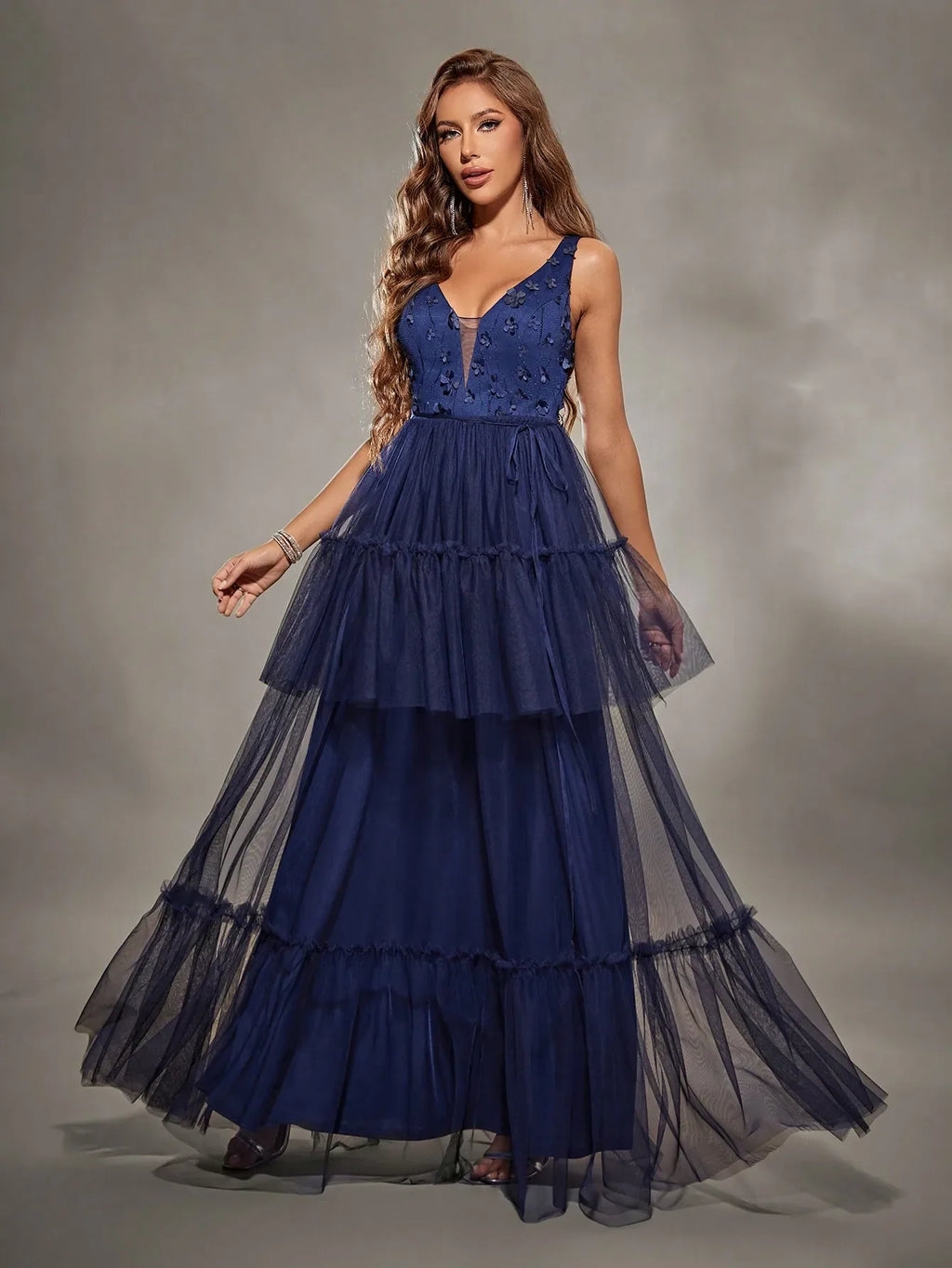 V Neck Embroidered Mesh Evening Gown With Layered Skirt