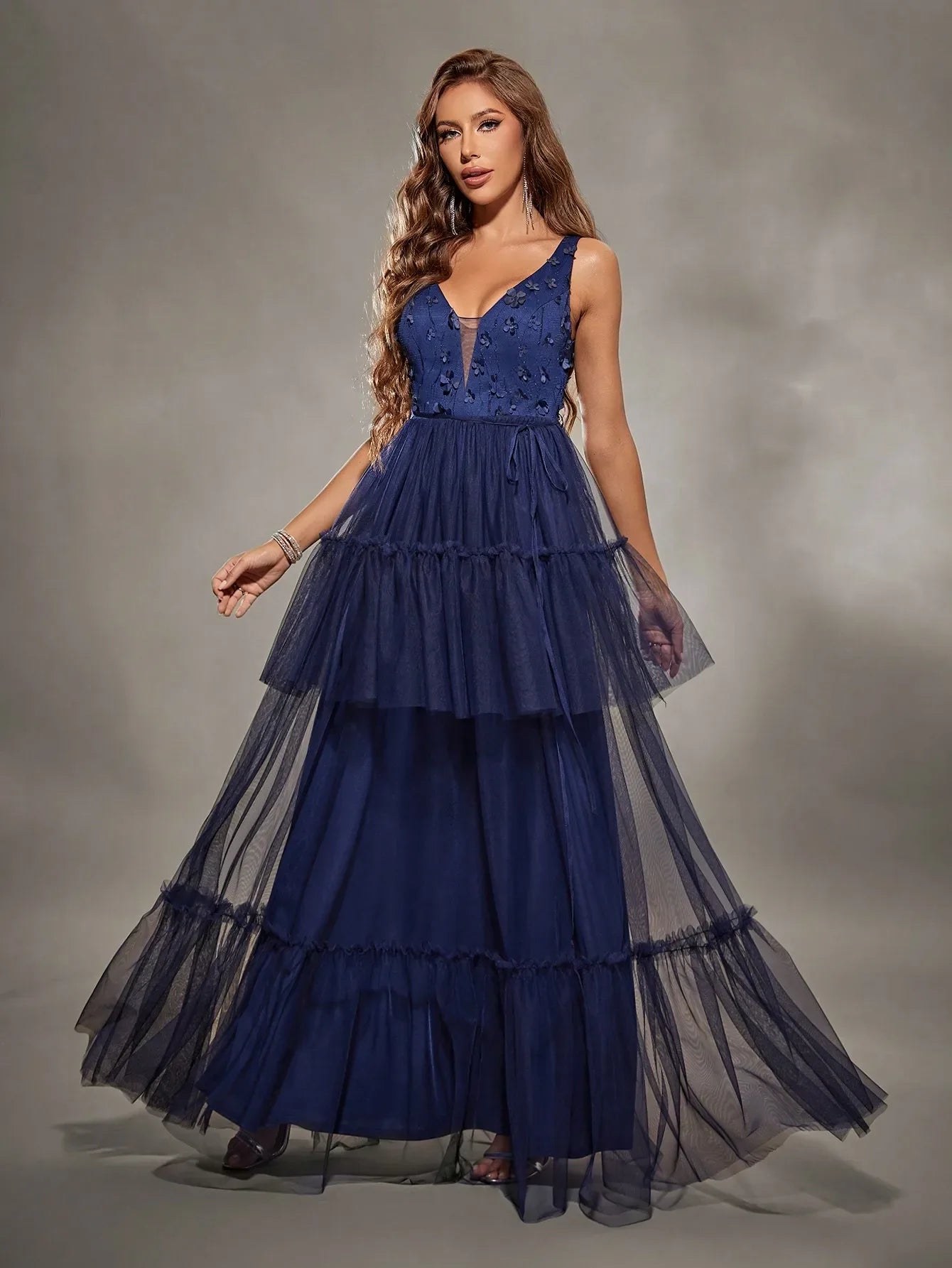 V Neck Embroidered Mesh Evening Gown With Layered Skirt