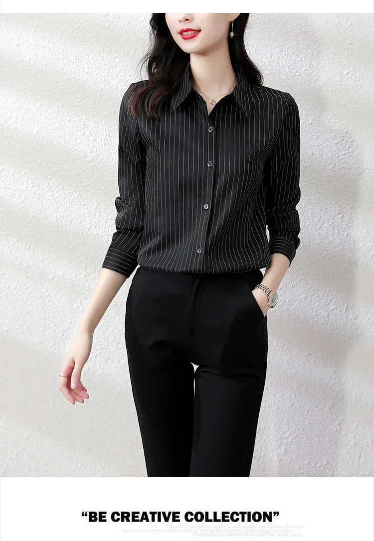 Striped Long Sleeve Women Shirt Button Up Blouse Lightweight Chiffon Tops Elegant Casual Office Wear