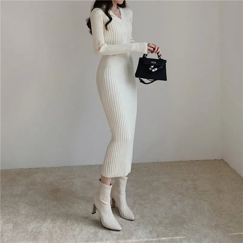 Knit V Neck Women Sweater Dress Long Sleeve Bodycon Office