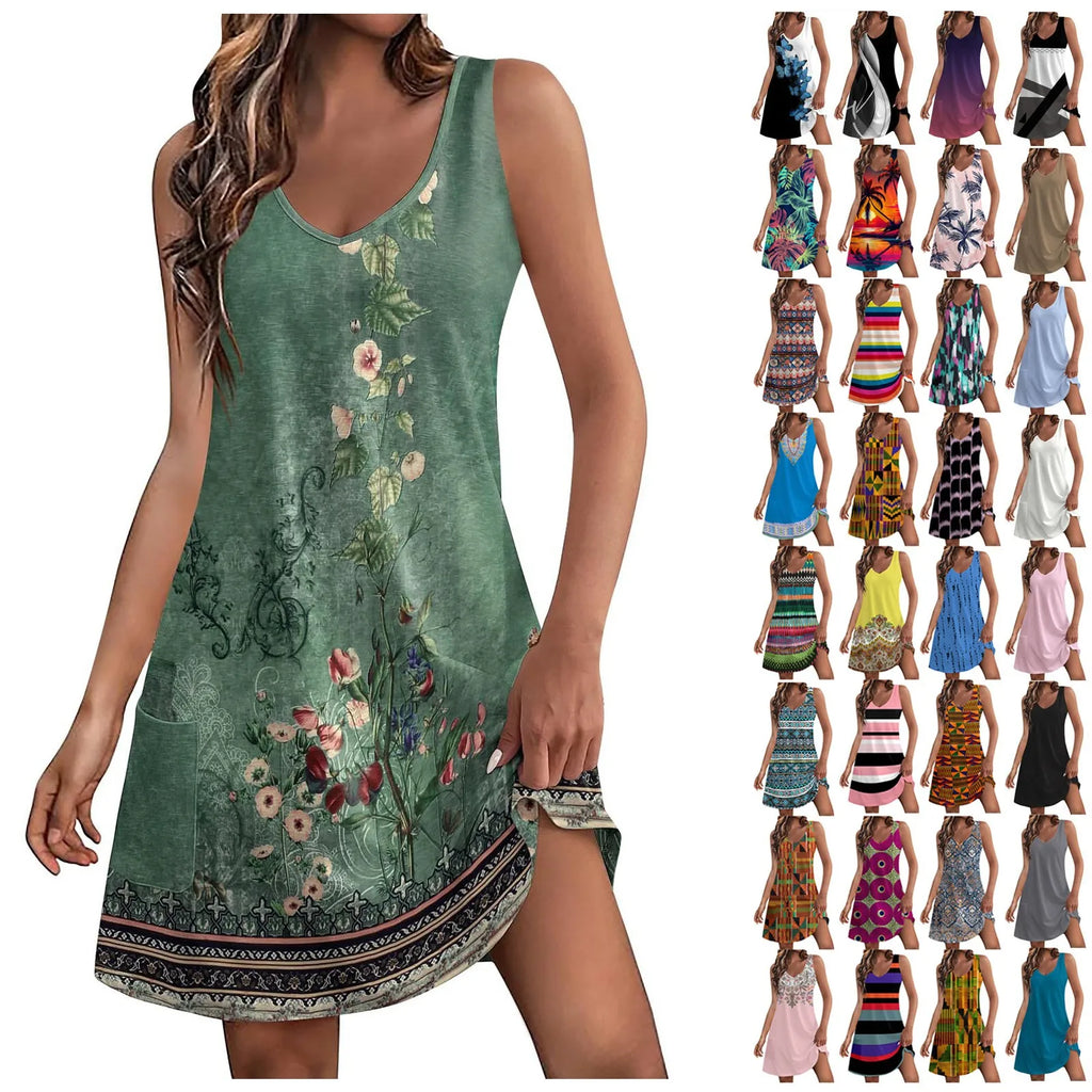 Boho Floral Knee Length Sundress With Pockets Loose