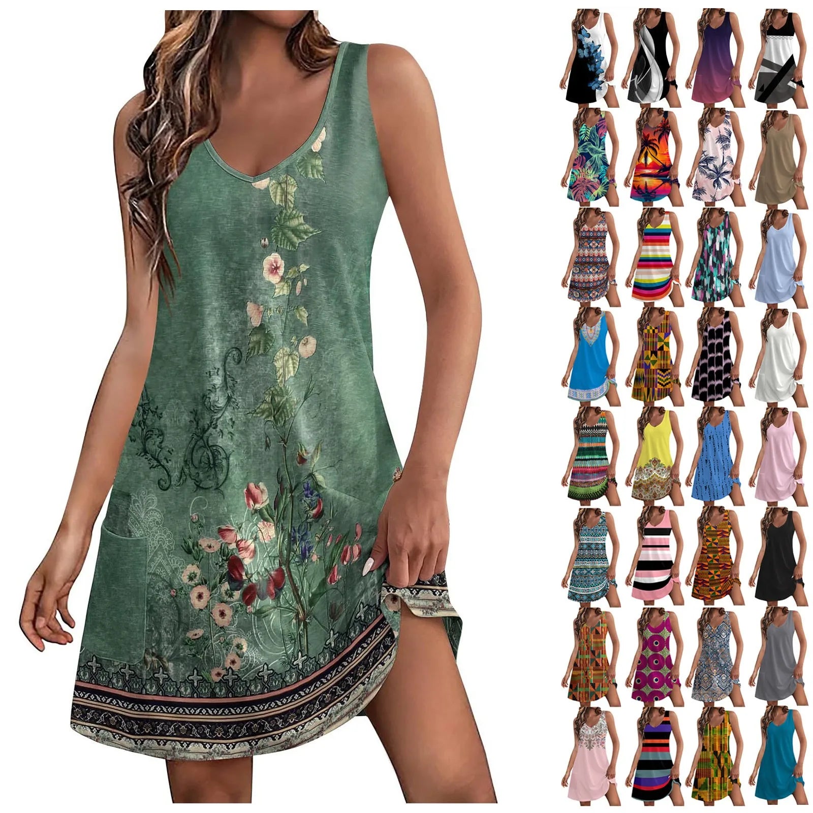 Boho Floral Knee Length Sundress With Pockets Loose