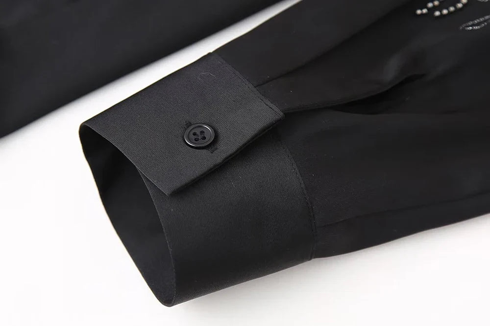 Women's Beaded Embroidery Long Sleeve Shirt and Loose Trousers Set with Lace Up Details