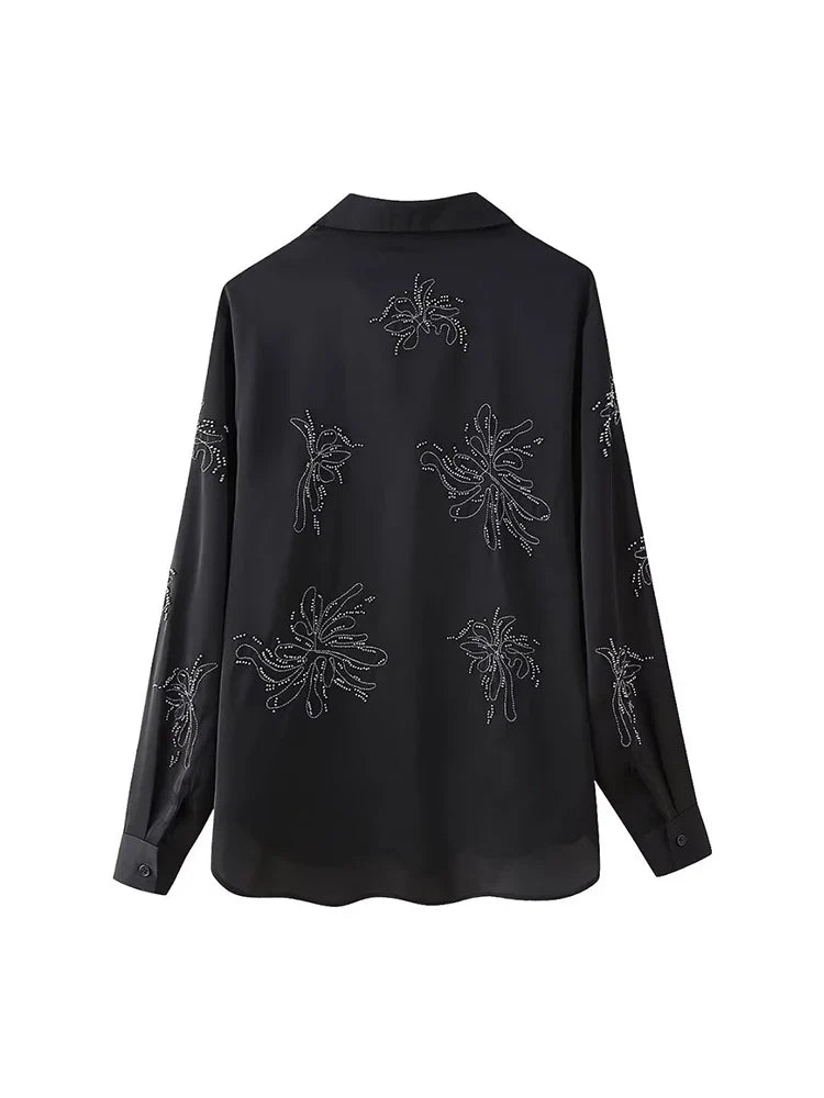 Women's Beaded Embroidery Long Sleeve Shirt and Loose Trousers Set with Lace Up Details