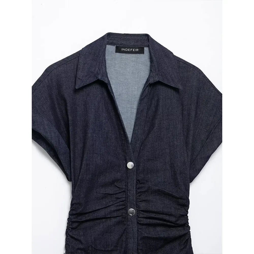 Navy Blue Pleated Denim Midi Dress for Women Short Sleeves