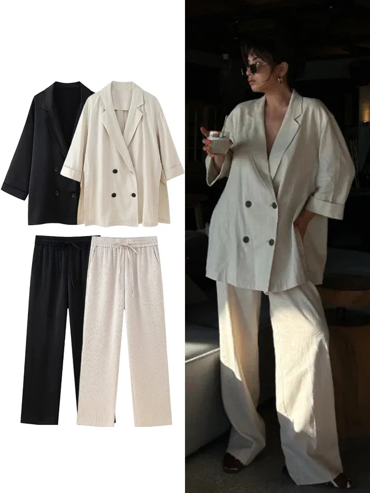 Women's Satin Blazer and High Waisted Straight Leg Pant Set with Crease Texture