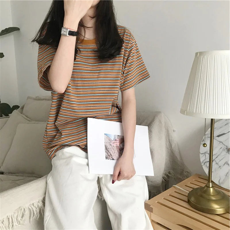 Korean Loose Striped T-shirts for Women Short Sleeves Round Neck Casual Top