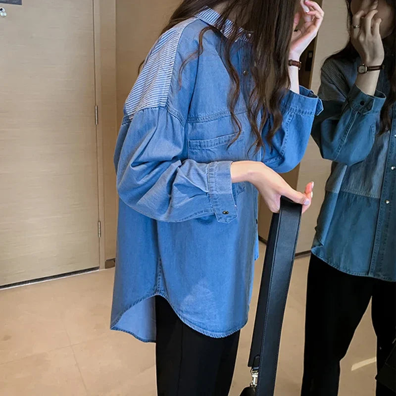 Loose Fit Women's Denim Shirt Long Sleeve Cotton Casual Button-Up Korean Style Autumn Winter Camisa Jeans Shirt