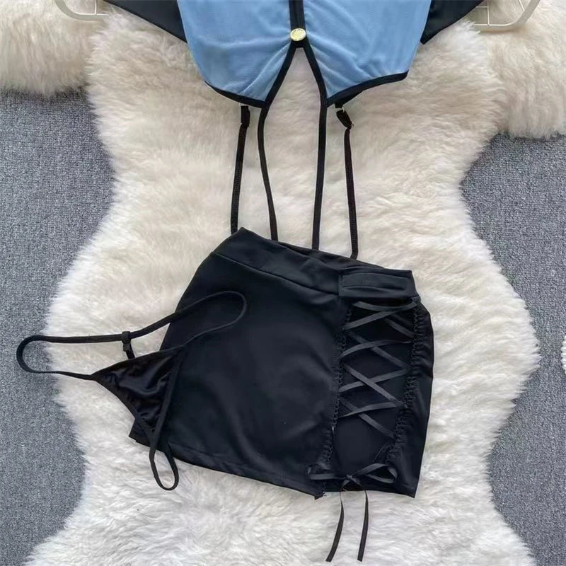 Women Preppy Sexy Uniform Set Sheer V Neck Top Lace Up Mini Skirt Hollow Out Thong Lingerie Cosplay Costume