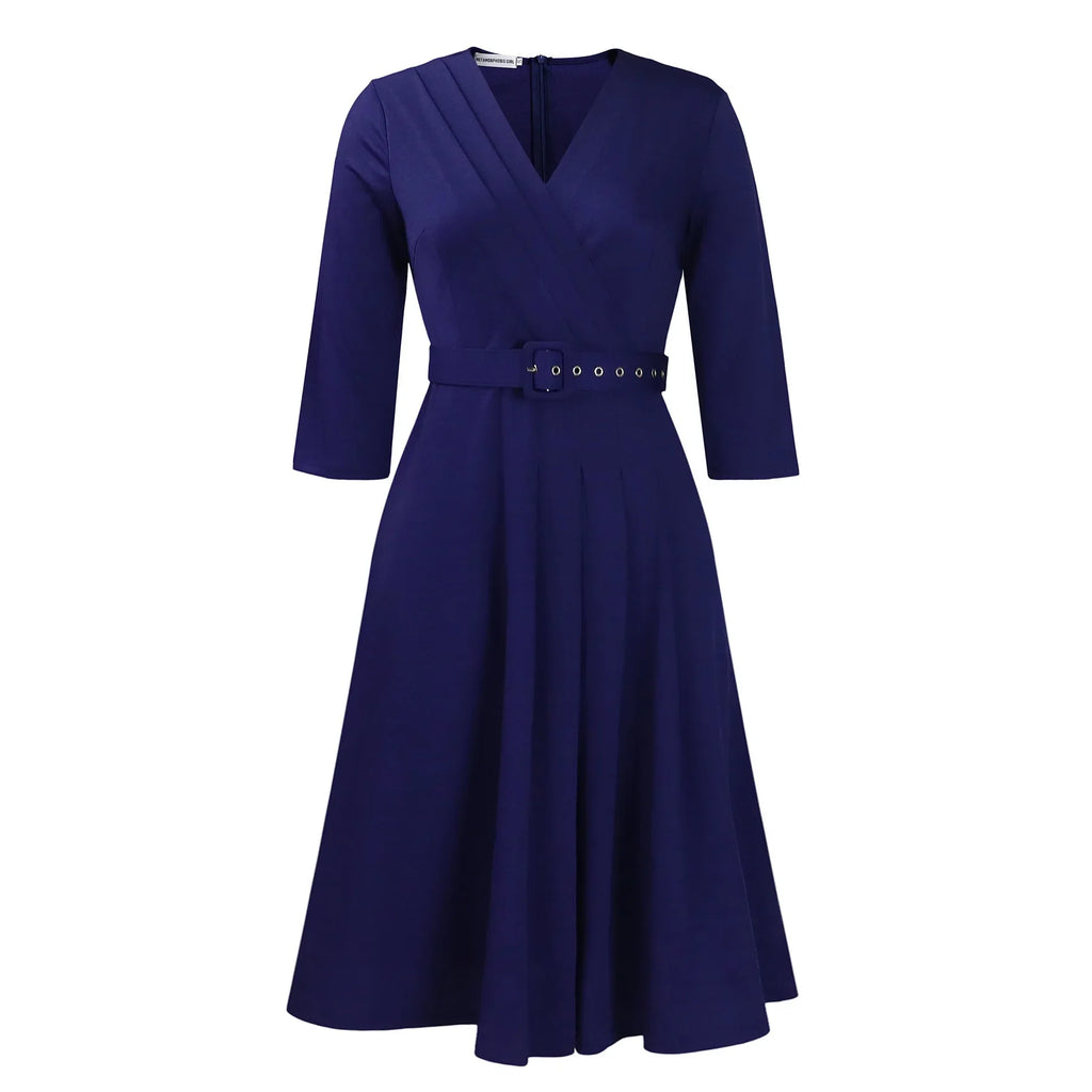 V Neck Office Dress For Women Belted Pleated Mid Calf