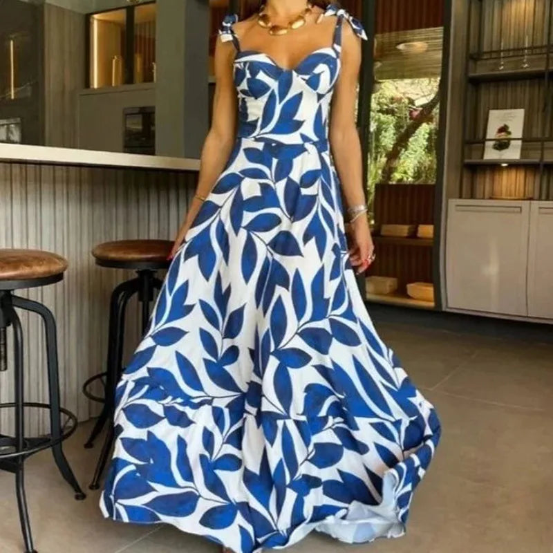 Summer Print Long Dress Spaghetti Strap Sundress V Neck