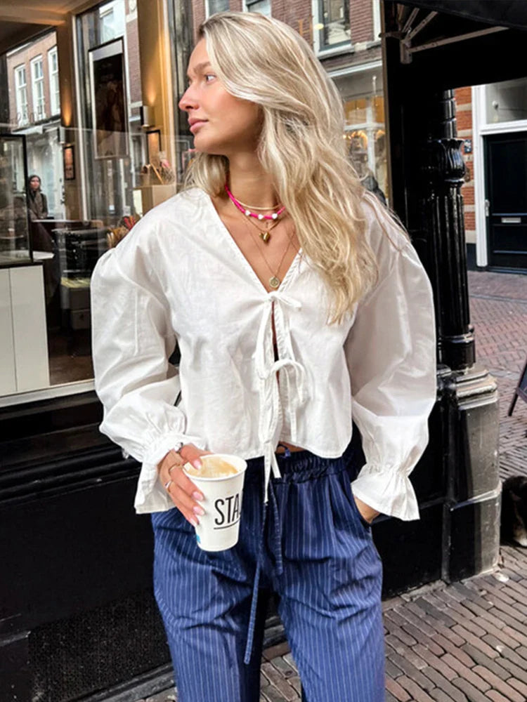 Elegant Solid Lace-Up V-Neck Blouse for Women with Lantern Sleeves and Hollow Out Detail Loose Fit Chic Female Shirt