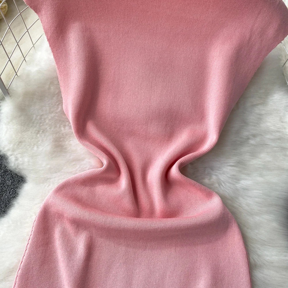 Pink Backless Summer Knit Bodycon Beach Dress for Women