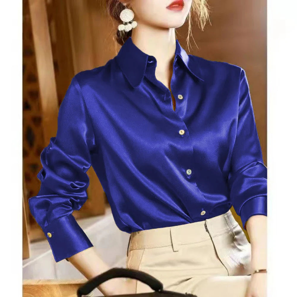 Elegant Satin Long Sleeve Shirt for Women Slim Fit Casual Office Blouse with Transparent Buttons