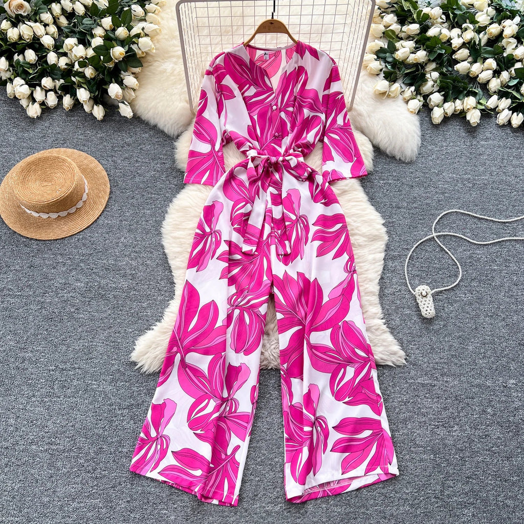Women's Summer V-Neck Short Sleeve Lace-Up Waist Slim Fit Wide-Leg Printed Jumpsuit with Loose Straight Leg Design