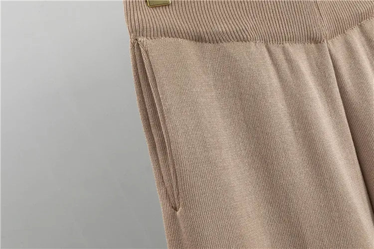 Winter Casual Knitted Cardigan and Wide Leg Pant Set for Women - Long Sleeve Sweater Tracksuit