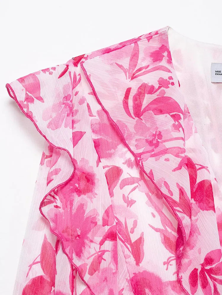 Printed Midi Dress With Belt for Women V Neck Chic