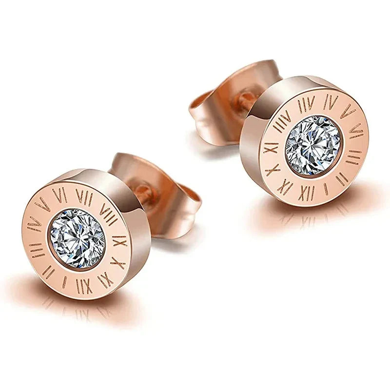 Vintage Roman Numerals Stainless Steel Acrylic Crystal Stud Earrings for Women and Men