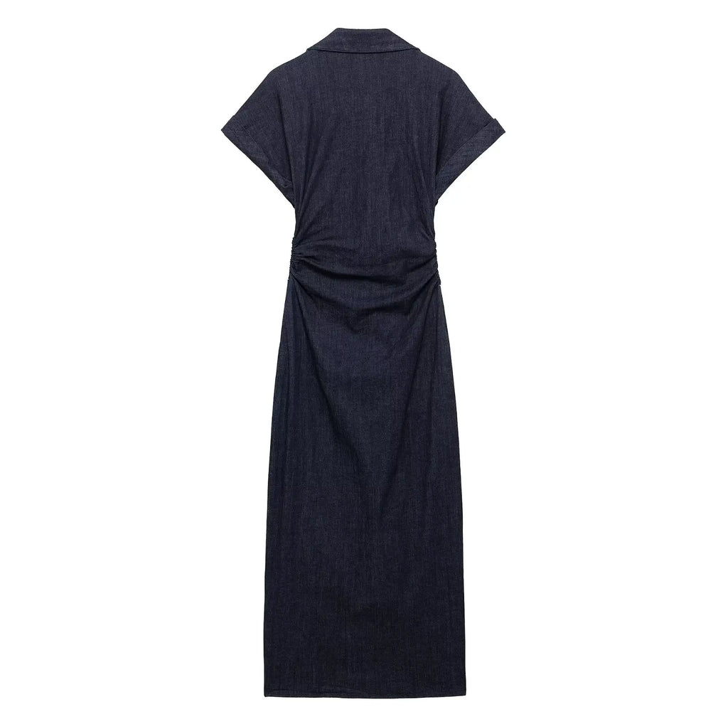 Navy Blue Pleated Denim Midi Dress for Women Short Sleeves