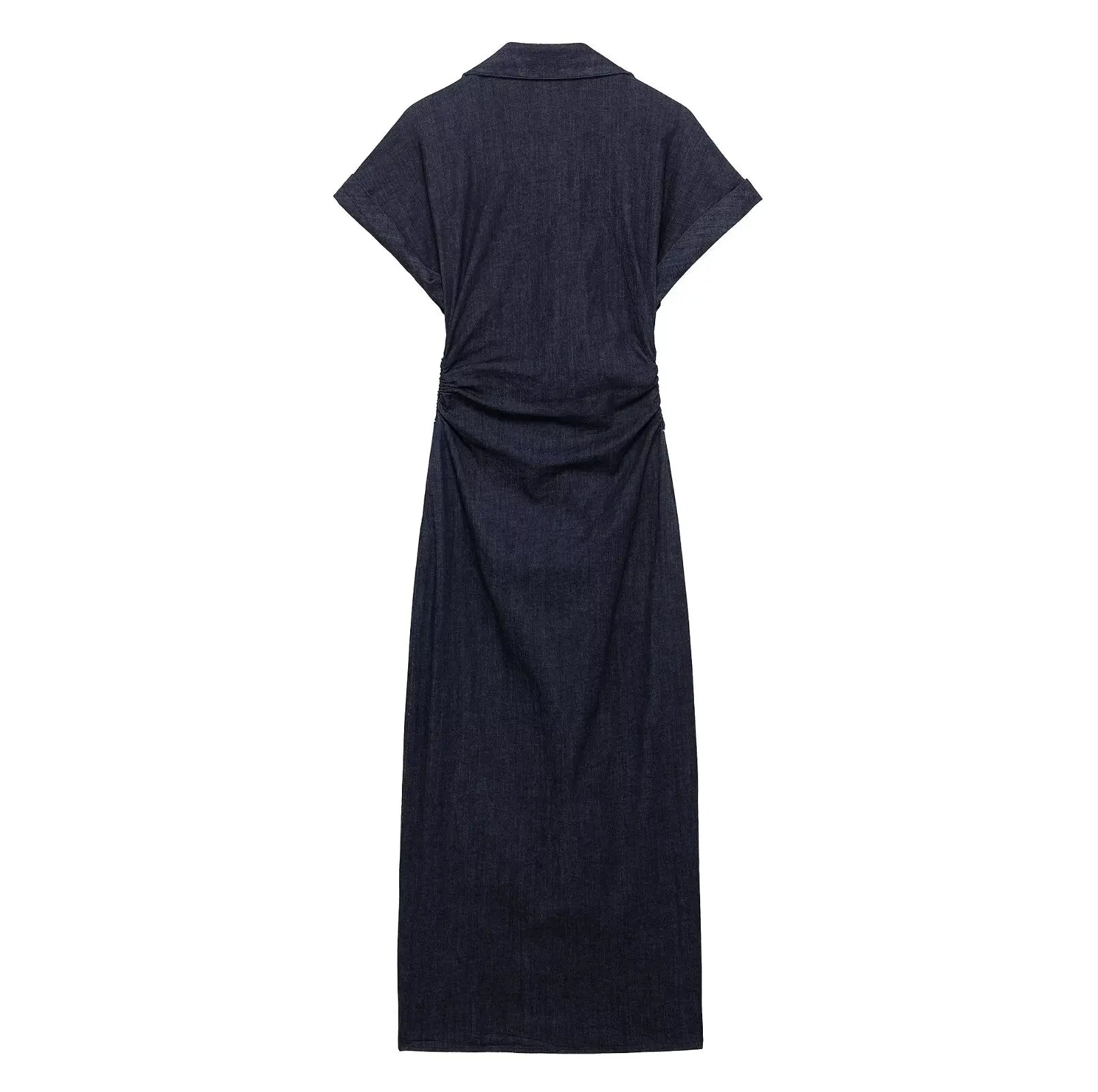 Navy Blue Pleated Denim Midi Dress for Women Short Sleeves