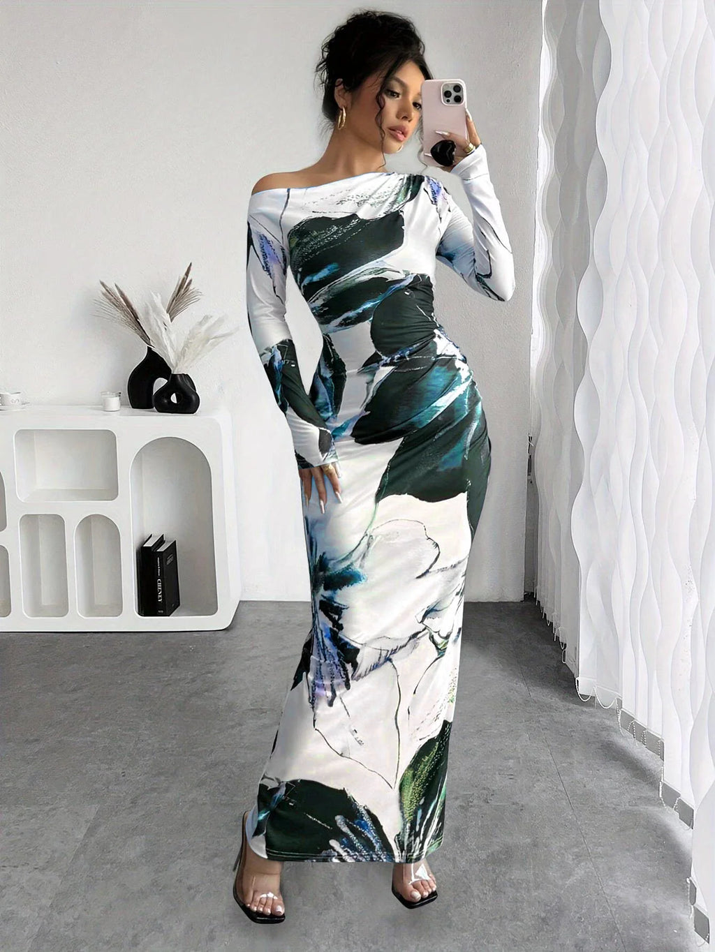 Off Shoulder Dress Slim Fit Printed For Spring Summer
