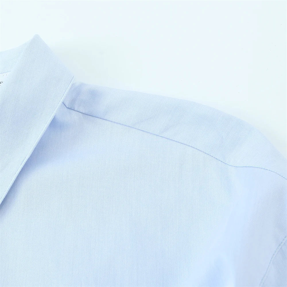 Women's Light Blue Long Sleeve Button Down Shirt with Pleated Waist and Classic Collar for Office and Stylish Wear