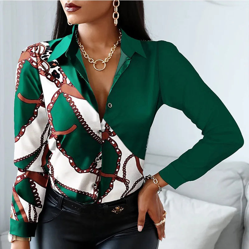 Office Lady Turn Down Collar Leopard Print Shirt with Striped Lapel Long Sleeve Blouse Casual Vintage Fashion Top