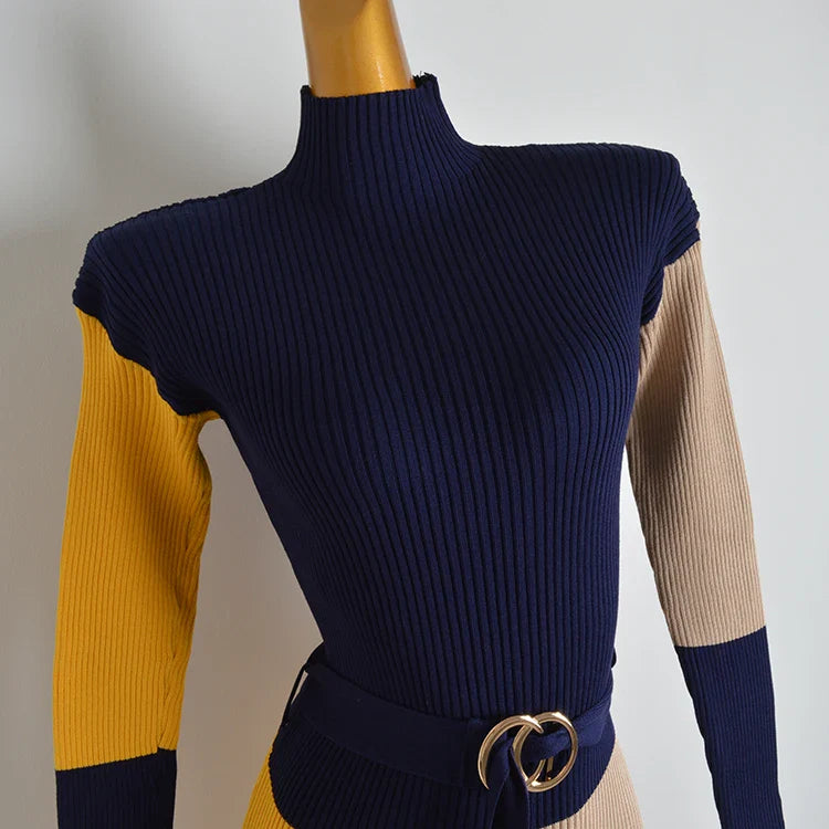 Fall Winter Knit Wrap Dress With Belt Long Sleeve Pencil