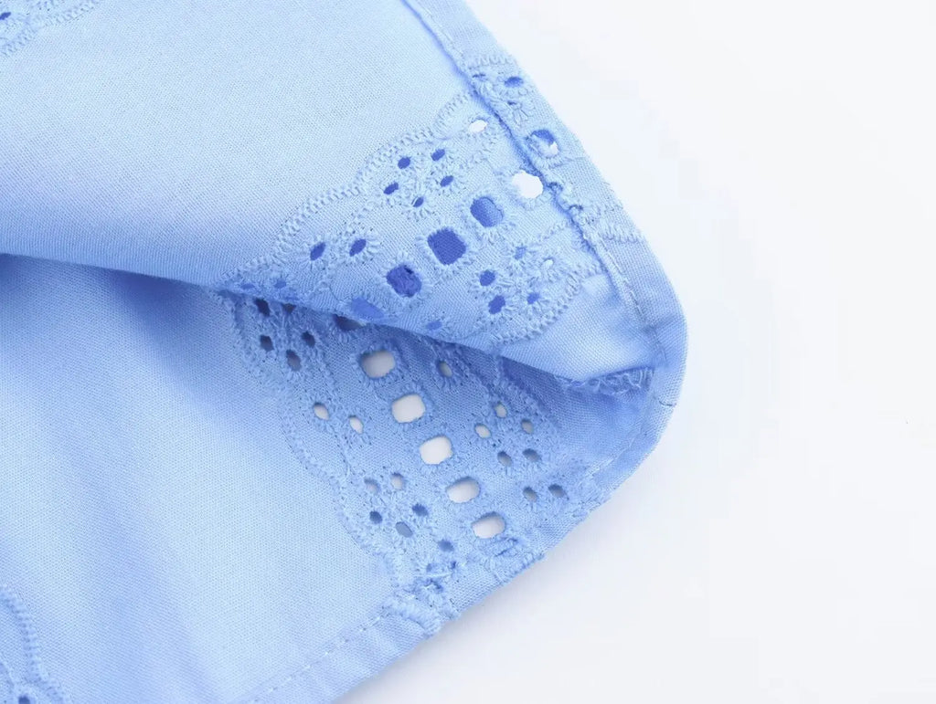 Loose Lace Up White Shirt for Women Elegant Hollow Out Embroidered Puff Sleeve Cropped Top