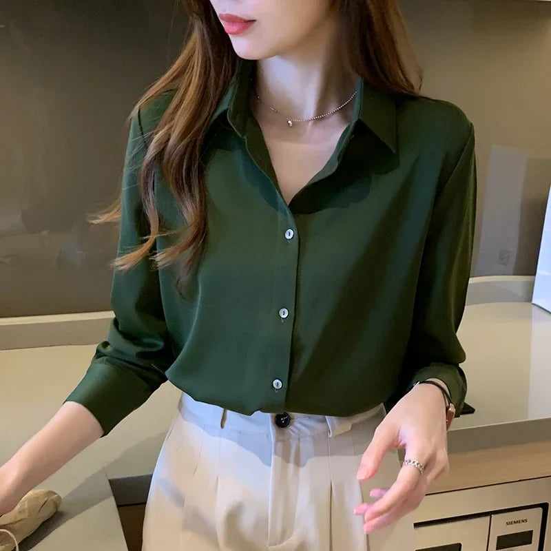 Elegant Satin Long Sleeve Blouse for Women Casual Office Shirt Solid White Basic Top