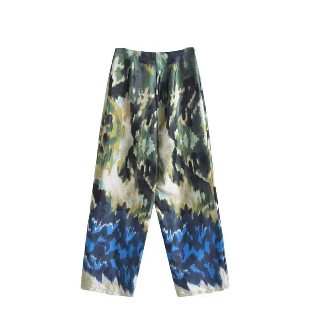 Women's Printed Shirt and Scarf Printed Pants Set for Spring and Summer Fashion