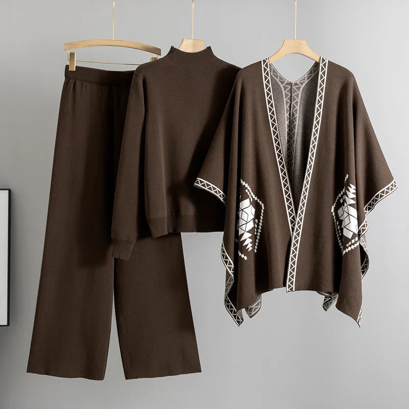 Cozy Knit Shawl and Wide Leg Pants Set with Elegant Turtleneck Sweater Women's 3-Piece Fall Outfit