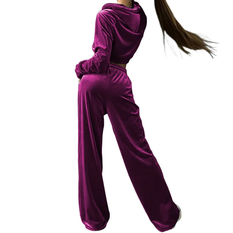 Velvet Tracksuit Women Two Piece Set with Zipper Crop Coat and Long Pants Casual Outfit