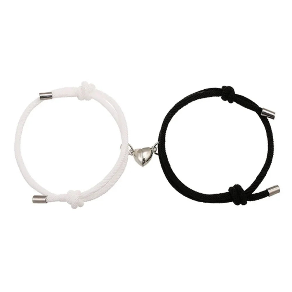 Black and White Magnetic Couple Bracelet Set with Heart Charm for Best Friends and Parties
