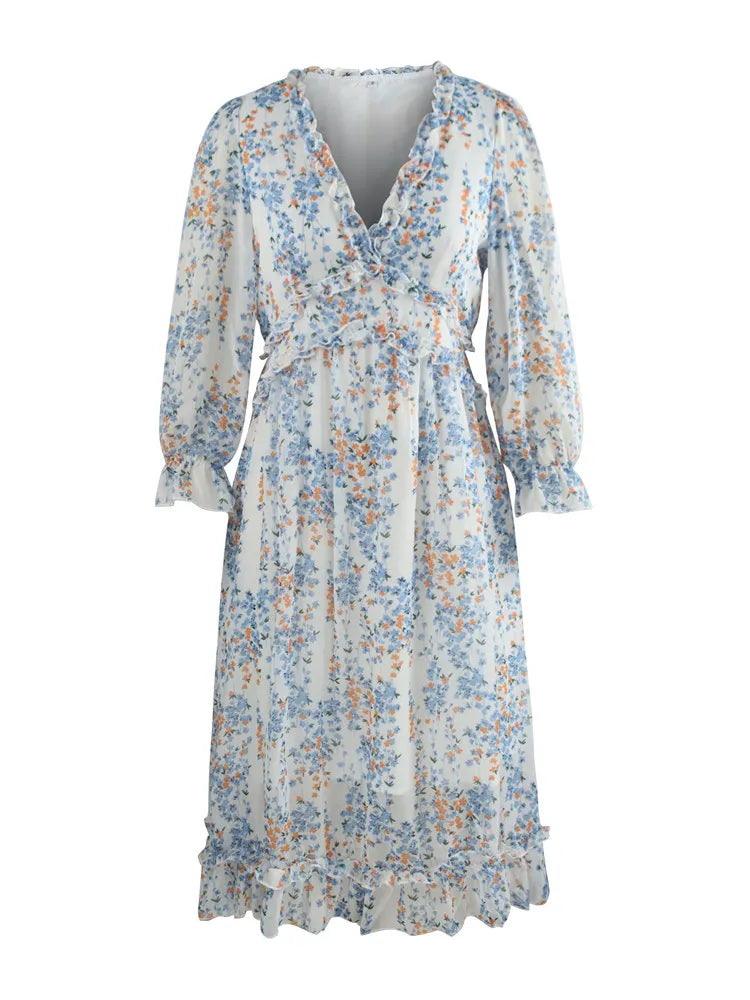 Floral Chiffon Maxi Dress With V Neck And Butterfly Sleeves