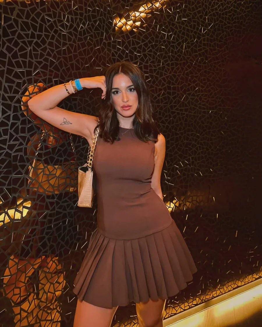 3D Cutout Mini Dress Pleated Skirt Brown Sleeveless