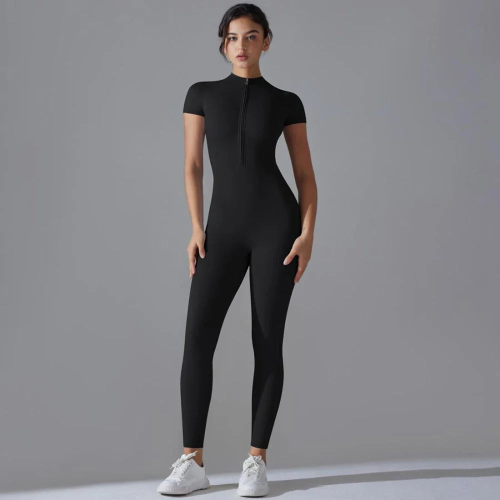 Womens Short Sleeve Yoga Jumpsuit Slim Fit Stretch One Piece Romper with Front Zipper Sexy Fitness Activewear Basic Sportwear in Black
