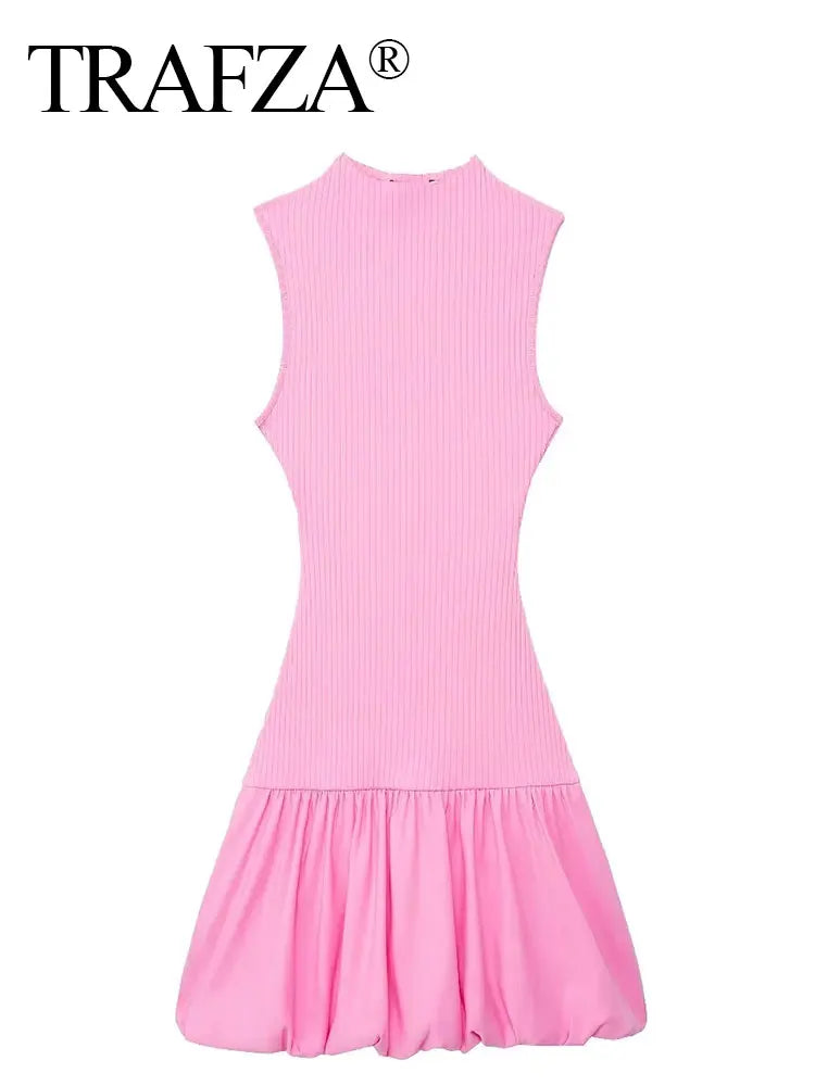 Pink Backless Mini Dress With Turtleneck Sleeveless Party