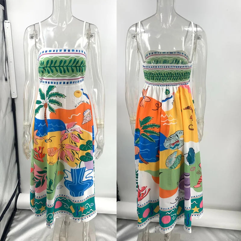 Womens Summer Beach Dress With Printed Spaghetti Straps