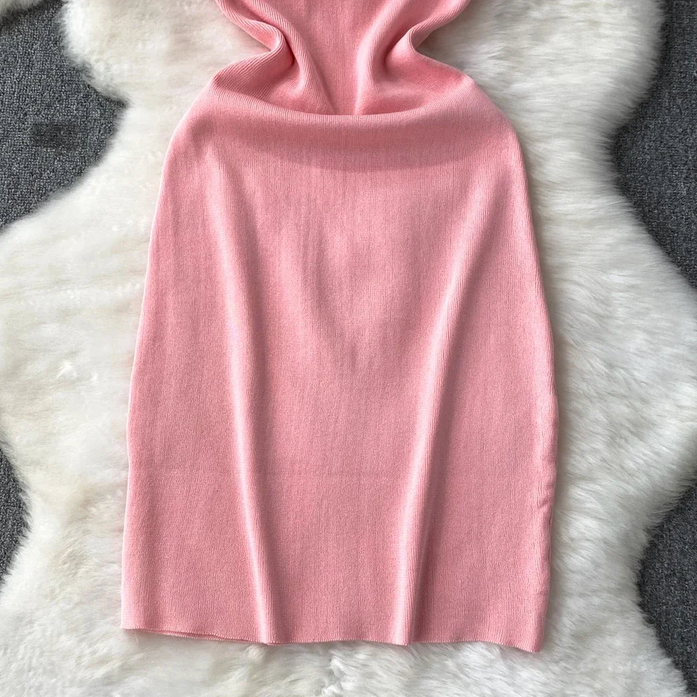 Pink Backless Summer Knit Bodycon Beach Dress for Women
