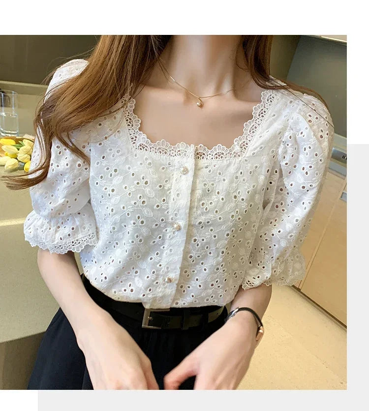 Elegant White Lace Blouse for Women Short Sleeve Square Collar Hollow Out Summer Shirt Chic and Breathable Feminine Top