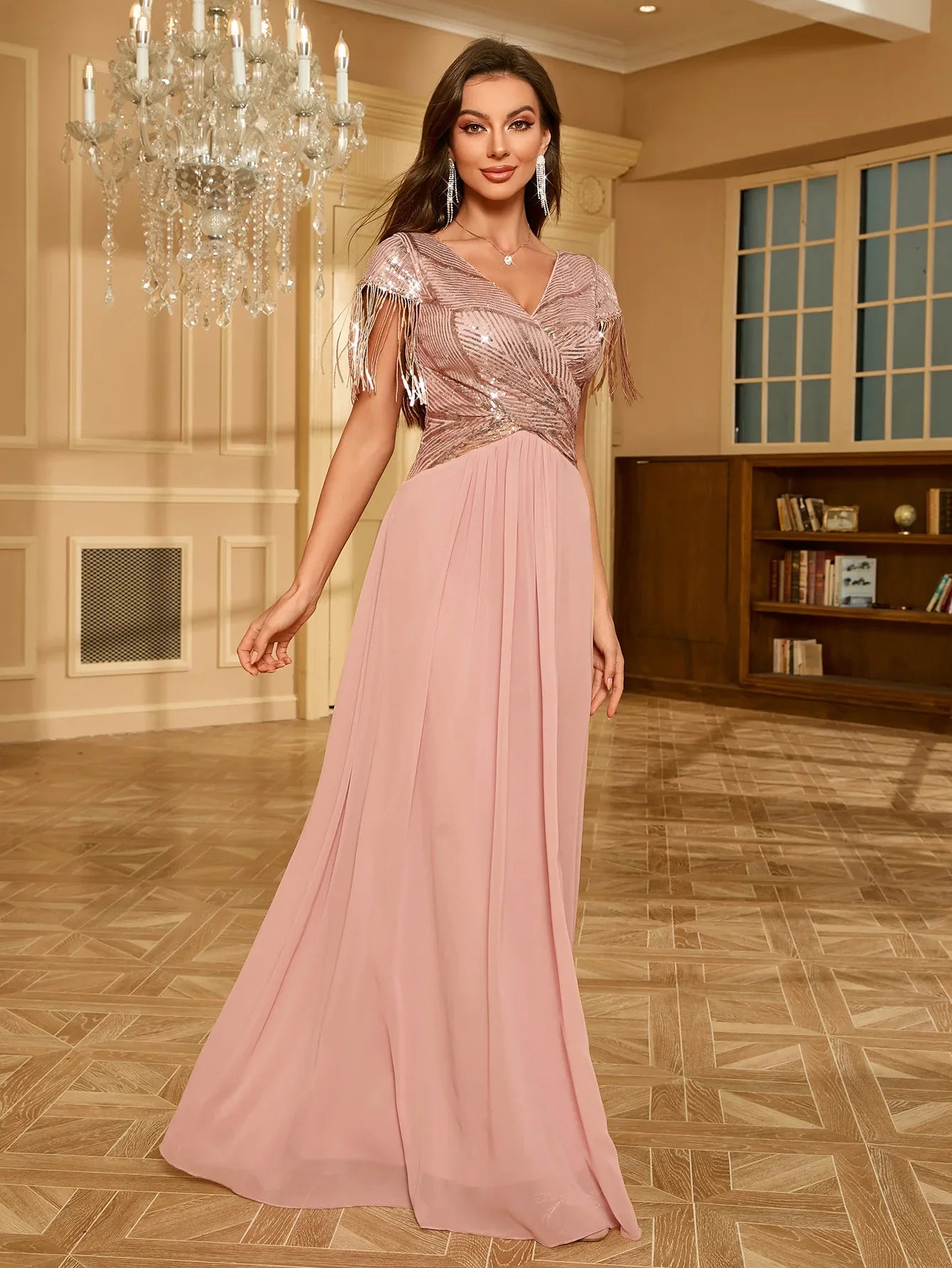 Pink Sequin Floor Length Gown With Tassel Sleeve Detail