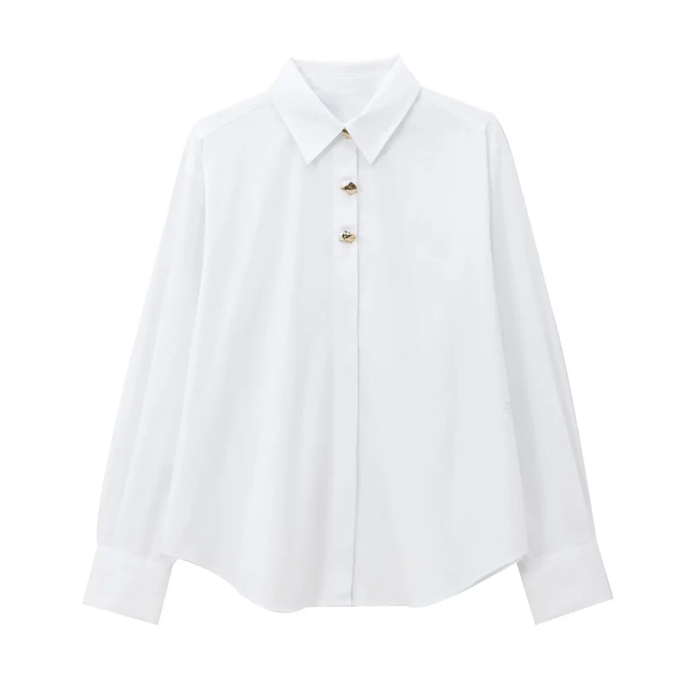 Solid Color Casual Collar Long Sleeve Poplin Shirt for Women with Gold Buckle Accent and Loose Fit