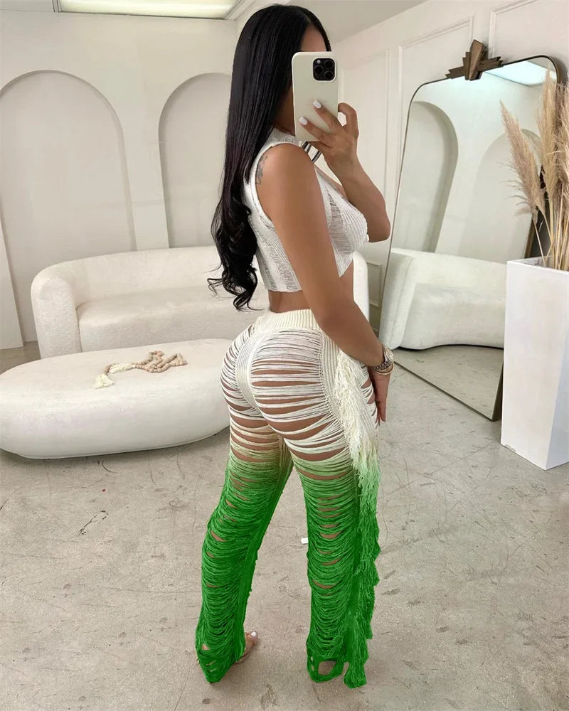 Gradient Color Crochet Two Piece Set for Women Summer Beach Vacation Outfit with Crop Top and Wide Leg Pants