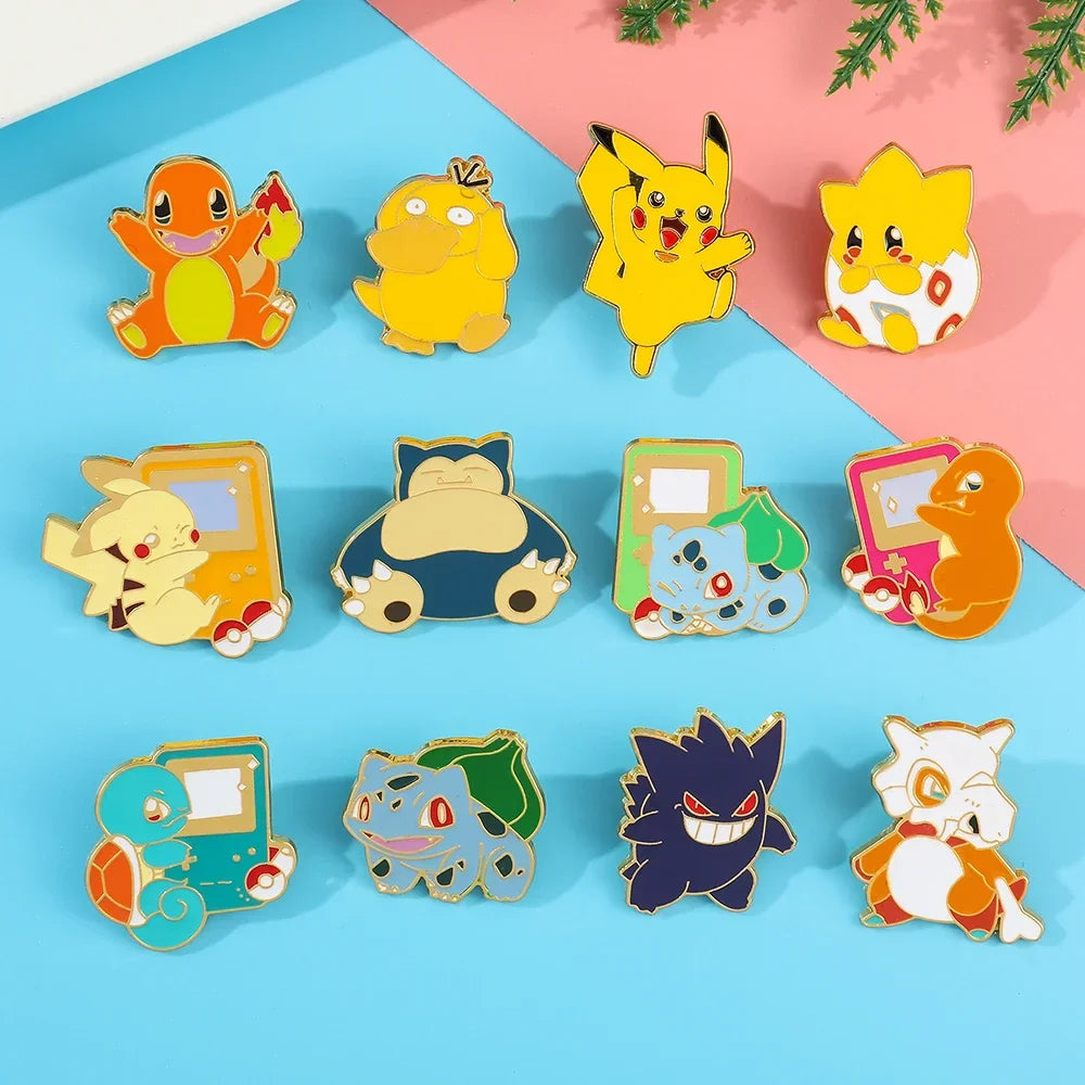 Creative 4 Piece Enamel Brooch Set Featuring Cute Game Console Pikachu Togepi and Charmander Pins for Wallet Backpack and Clothing