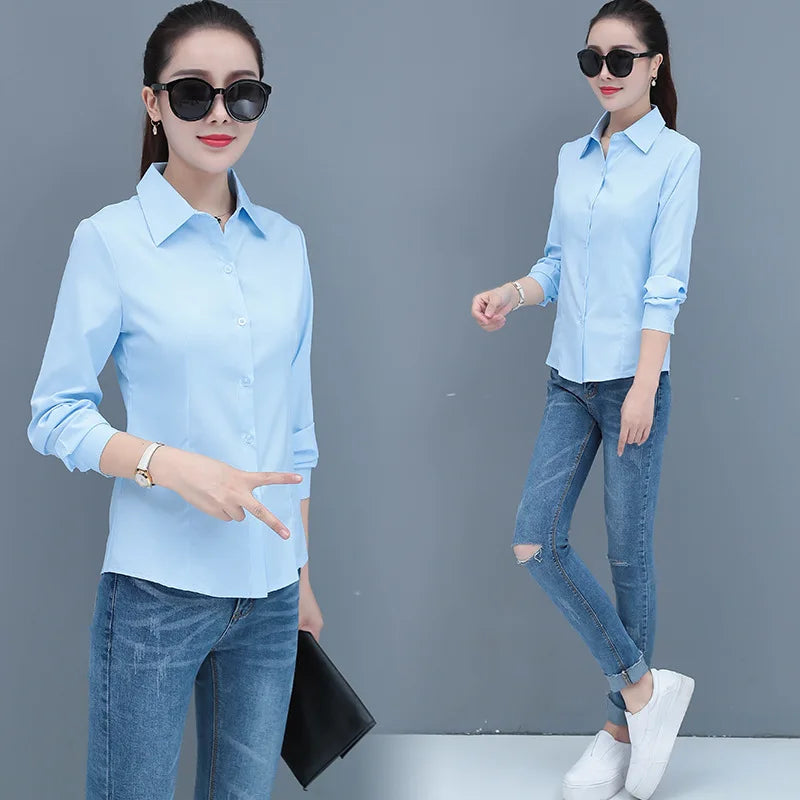 Elegant Slim Fit Blue Long Sleeve Blouse for Women Formal Office Shirt Basic Workwear Top