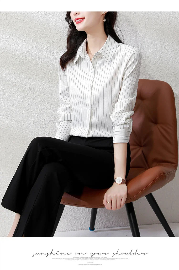 Striped Long Sleeve Women Shirt Button Up Blouse Lightweight Chiffon Tops Elegant Casual Office Wear