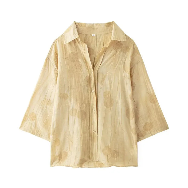 Jacquard Shirt Pants Suit for Women with Lapel Half Sleeve and Pockets, Wide Leg Pant Set for Summer Streetwear