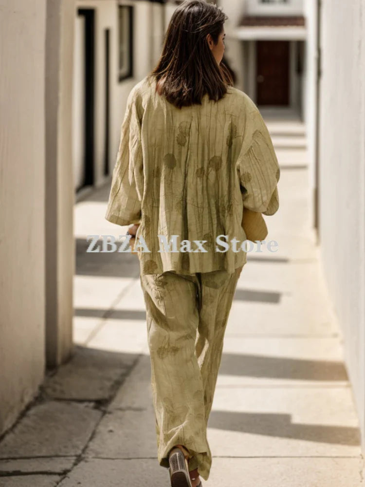 Jacquard Shirt Pants Suit for Women with Lapel Half Sleeve and Pockets, Wide Leg Pant Set for Summer Streetwear